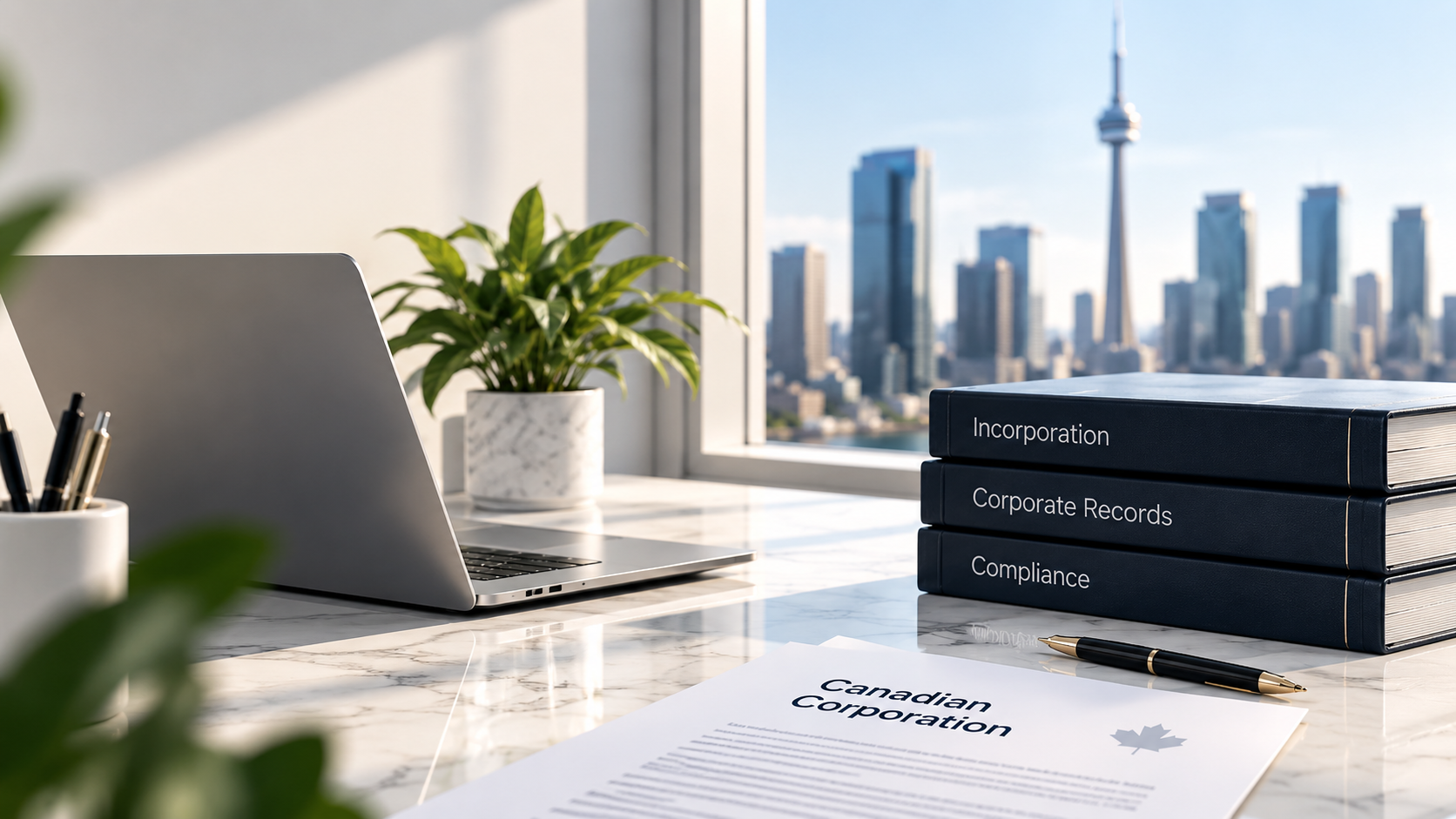 Modern office with corporate documents, a laptop and Toronto skyline